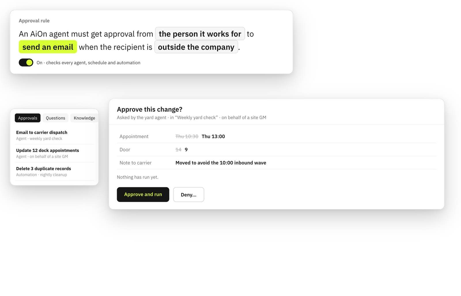 An AiOn approval rule and an approval request showing each change