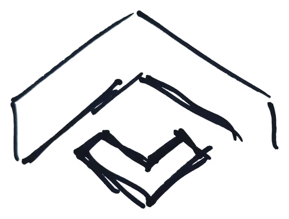 A marker sketch of the OneTrack logo: a roofline over a folded mark